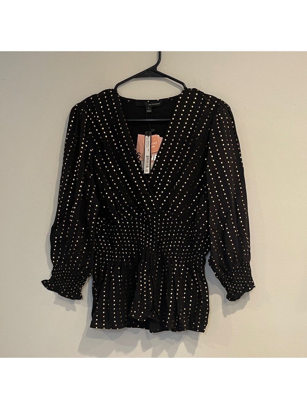 NWT Harvé Benard Black & Gold Smocked Top Size Large